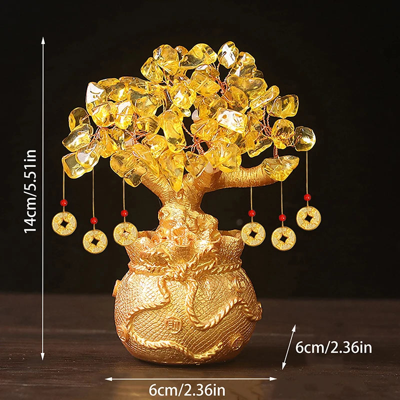 Yellow Crystal Money Tree Feng Shui Wealth Bonsai Ornament