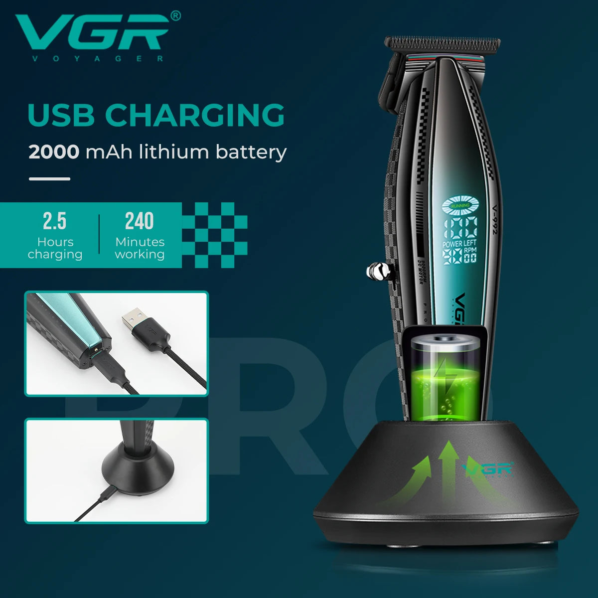 VGR V-992 V-270 high-end men's hair clipper with gradient color body, professional hair trimmer with LCD digital display and pus Peaceful Pleasures Health and Wellness