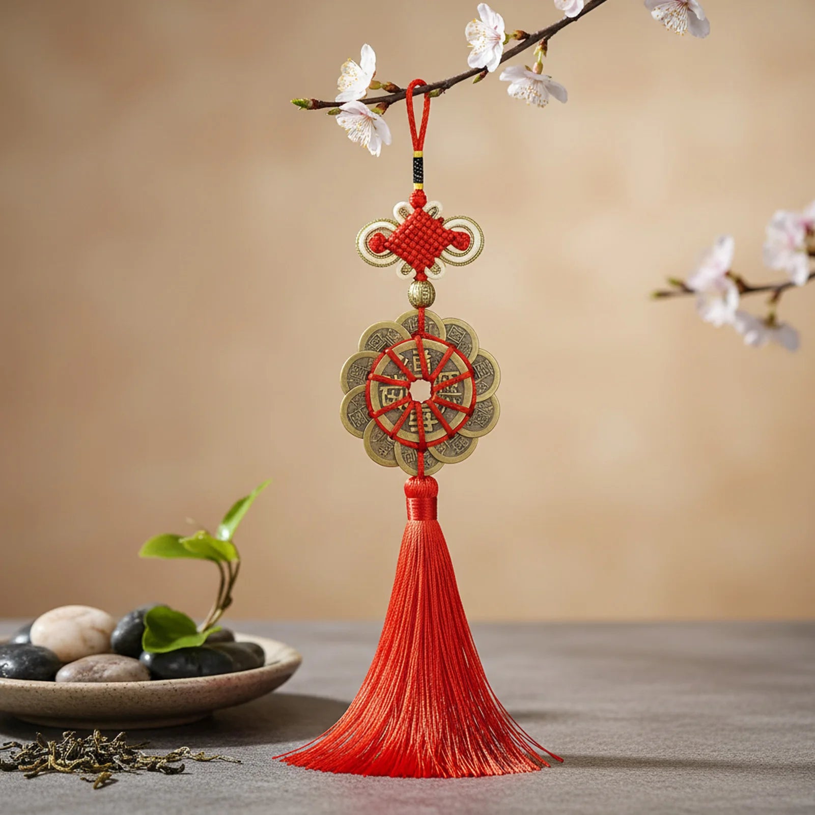 Copper Five Emperor Coin Pendant with Auspicious Knot for Car Home Decor Peaceful Pleasures Health and Wellness