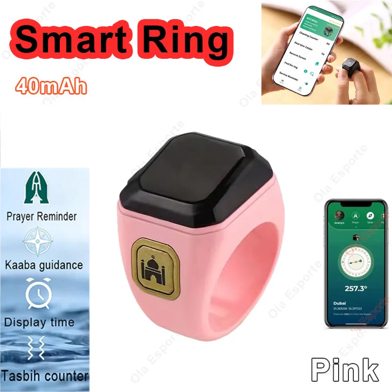 2026 New Smart Ring Men Women Prayer Reminder Tasbih counter Display Time 49 Inch HD Screen Bluetooth Life WaterProof Smartring Peaceful Pleasures Health and Wellness Pink 22