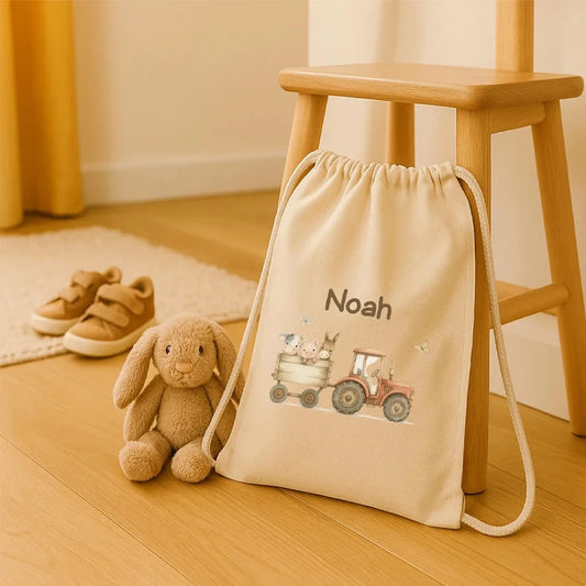 Personalized Tractor Drawstring Backpack | Custom Kids Name Bag Personalized Kids Backpack Peaceful Pleasures Health and Wellness