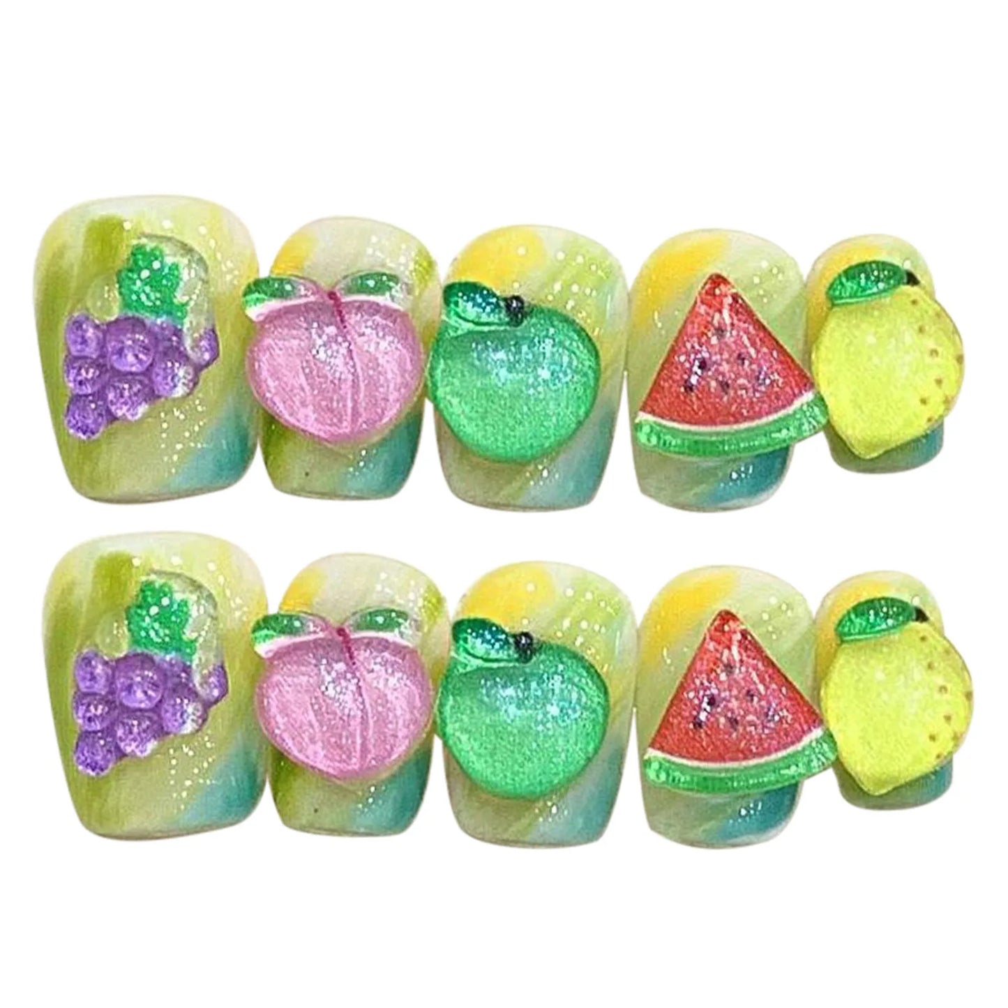 Handmade Press on Nails Summer Fruit Decor False Nails Short Cute Grapes Peaches Lemons Design Fake Nail Patches Wearable 10pcs Peaceful Pleasures Health and Wellness M