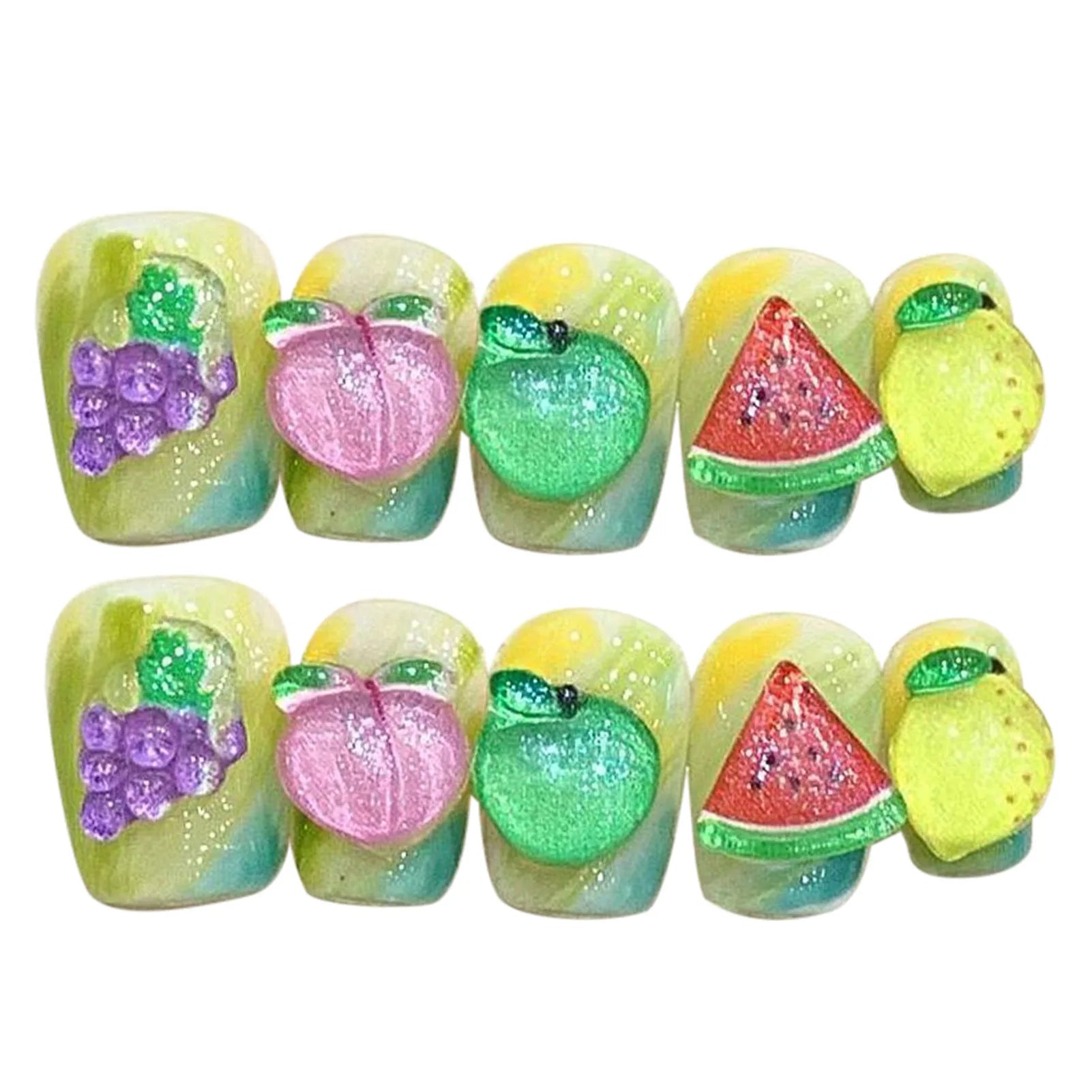 Handmade Press on Nails Summer Fruit Decor False Nails Short Cute Grapes Peaches Lemons Design Fake Nail Patches Wearable 10pcs Peaceful Pleasures Health and Wellness M