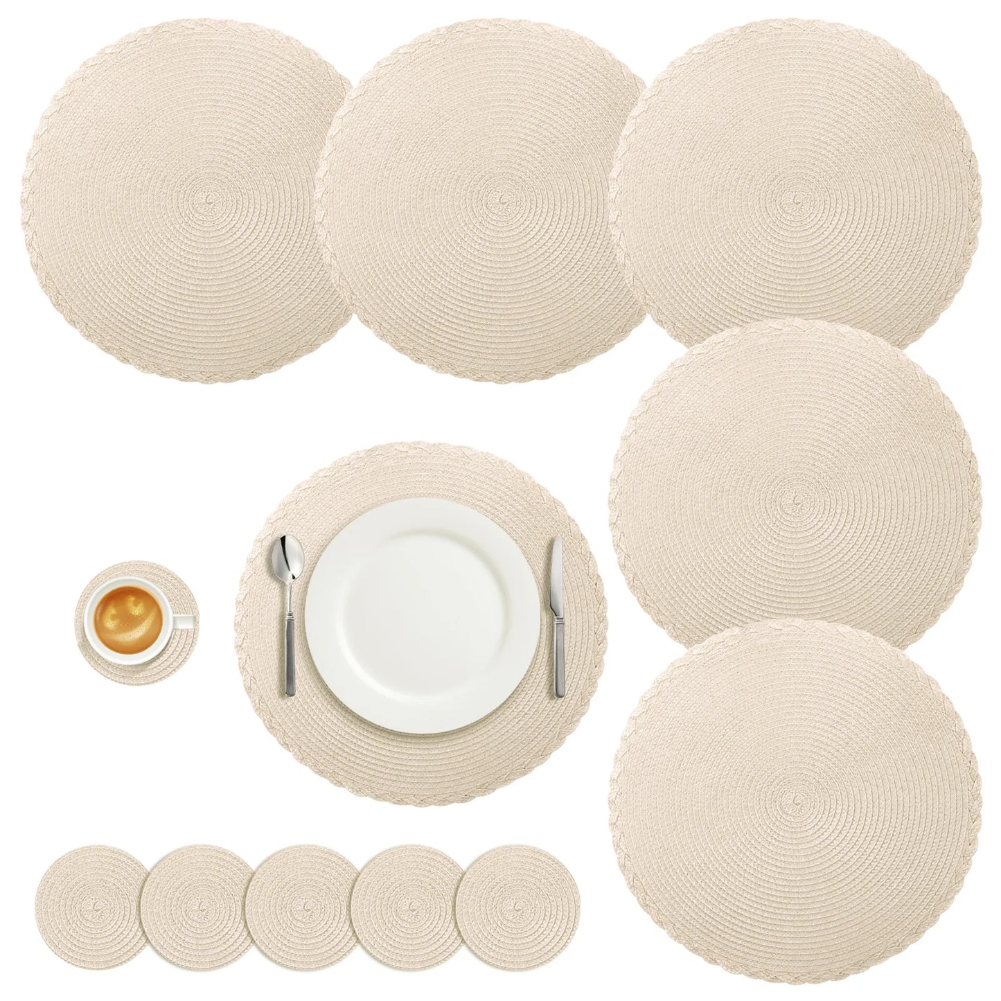 Set of 6 Round Braided Table Mat Washable Placemats Non Slip Heat Resistant for Kitchen Dining Tables Pad With 6Pc Cup Coasters Peaceful Pleasures Health and Wellness PP 33.5cm Apricot 6 Mats 6 Coaster