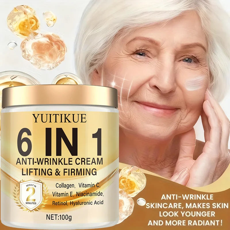 6-in-1 Anti-Wrinkle Cream: Deeply moisturizes, firms the skin, contains Vitamins C and E, retinol, and hyaluronic acid. Peaceful Pleasures Health and Wellness