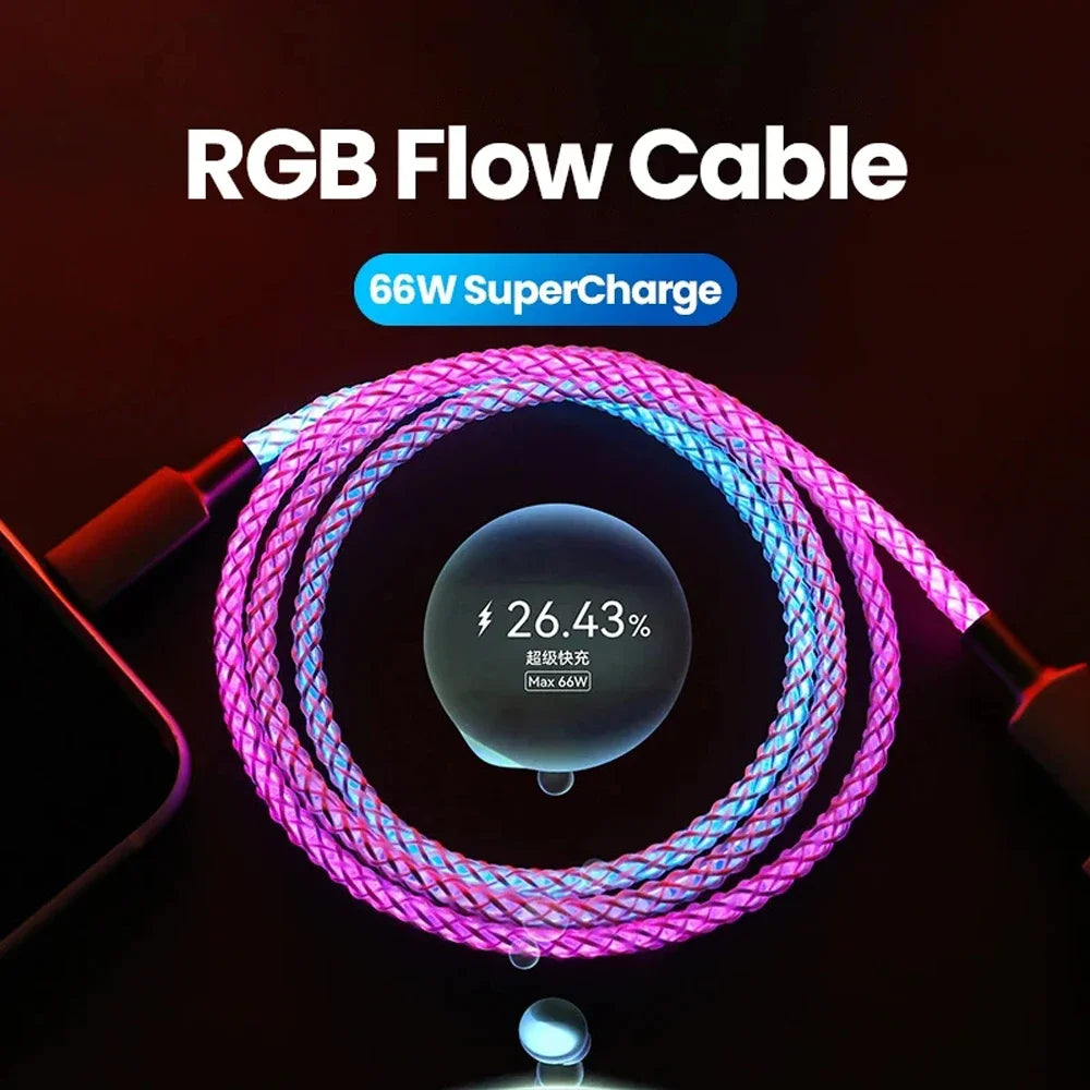 66W USB-C Fast Charging Cable RGB LED Light 6A PD 1m