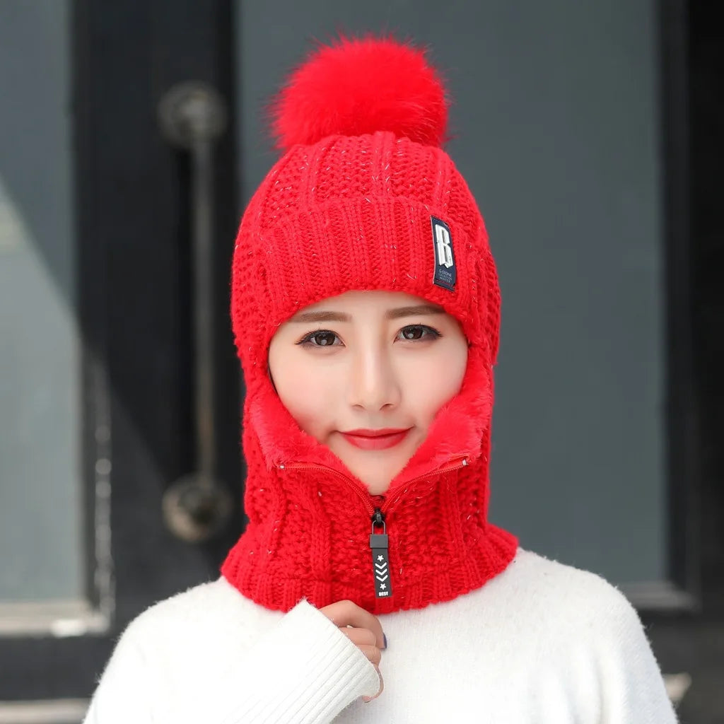 Women's 2-in-1 Scarf Beanie Hat with Zipper, Fashion & Warm Knitted Cap with Pompom, Thickened Coldproof Snow Hood for Outdoor Peaceful Pleasures Health and Wellness Red