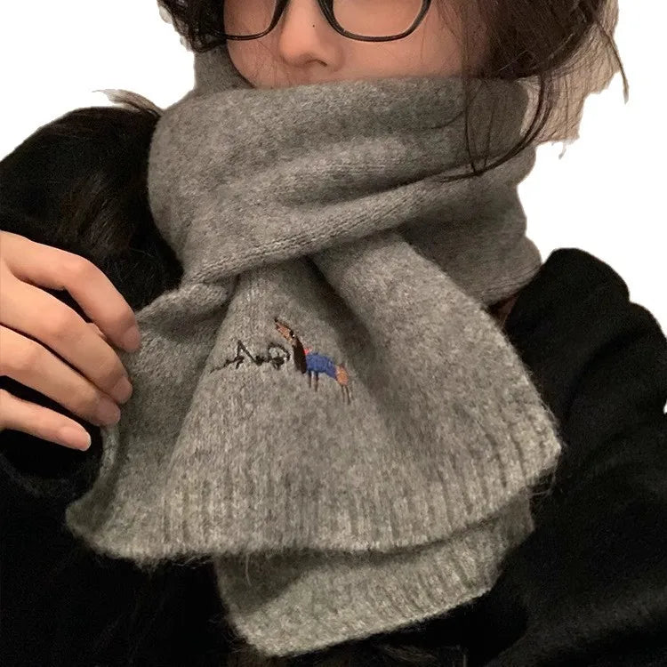 Original Korean Style Embroidered Puppy Solid Color Knitted Scarf Women Autumn Winter Student Neck Warmer Cozy Knit Neck Gaiter Peaceful Pleasures Health and Wellness