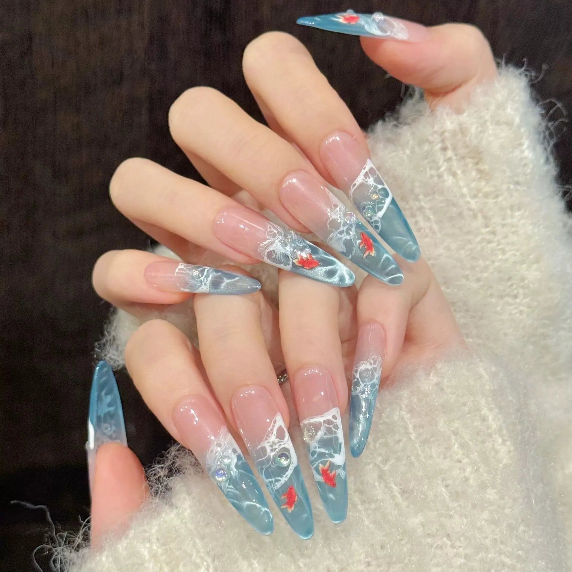 10pcs Handmade Water Ripple Cat Eye Press on Nails Ice Through Blue Fake Nails Almond Wearable Detachable Glitter False Nail Tip Peaceful Pleasures Health and Wellness M