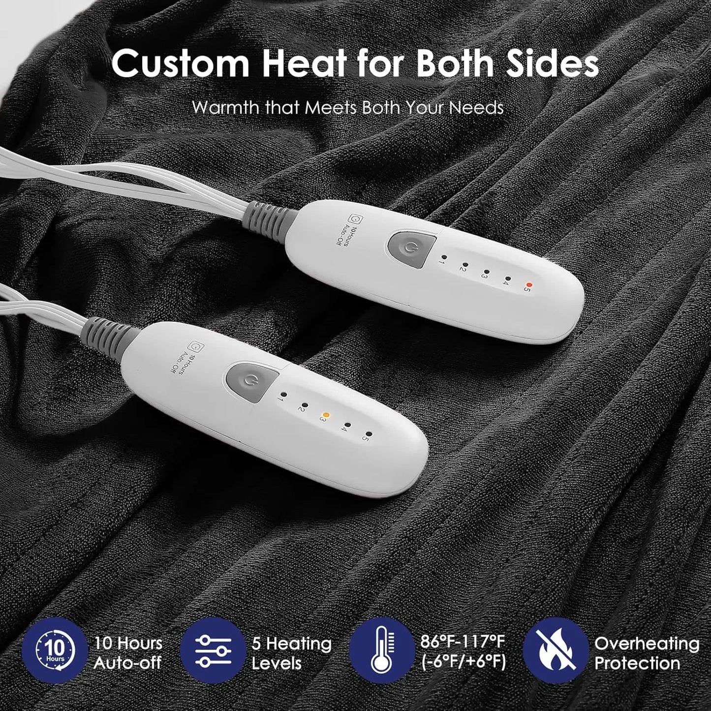 Queen Size Electric Heated Blanket with Dual Controllers, 5 Heat Levels, Auto Off & Machine Washable Peaceful Pleasures Health and Wellness