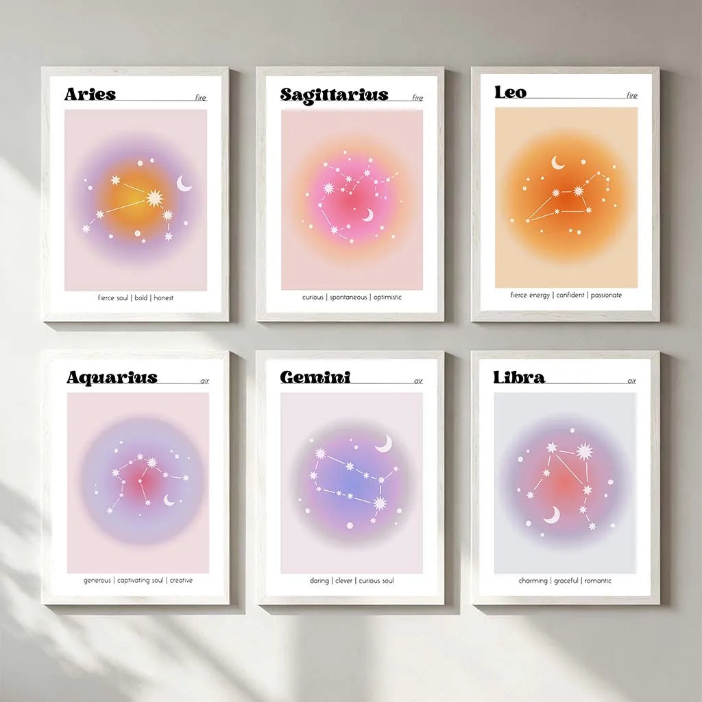 12 Zodiac Constellation Canvas Wall Art | Aura Gradient Poster