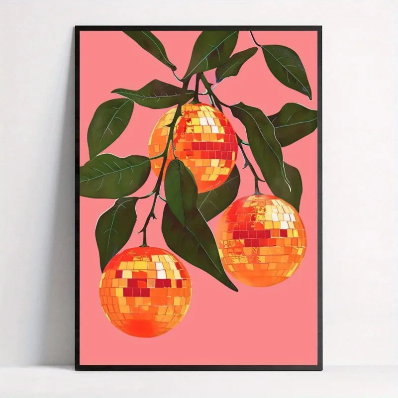 1pc Vintage Funky Pink Disco Ball Oranges Art Print Retro Music-Themed Canvas Wall Decor, Unframed, Indoor Wall Art Decor Peaceful Pleasures Health and Wellness