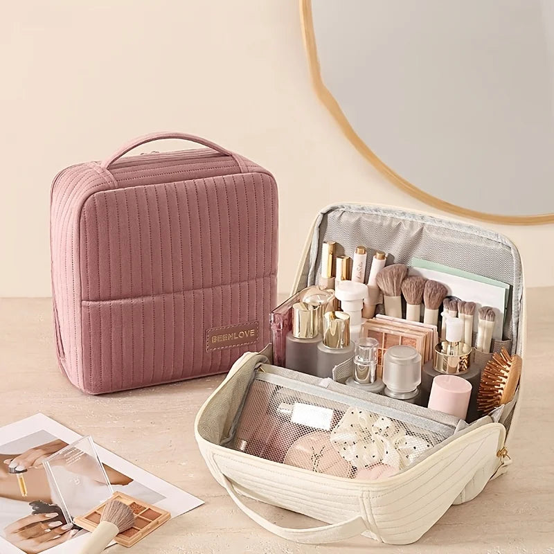 Large Vertical Travel Makeup Bag & Brush Organizer for Women