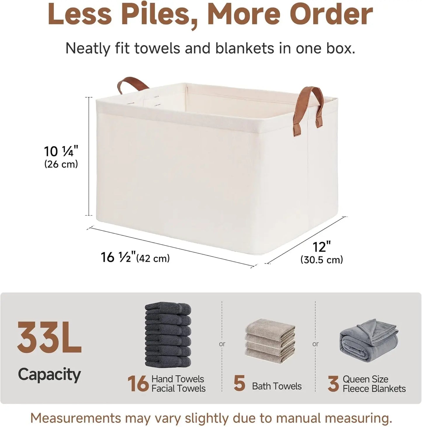 White storage bin with brown handles, dimensions, and capacity details on a white background.