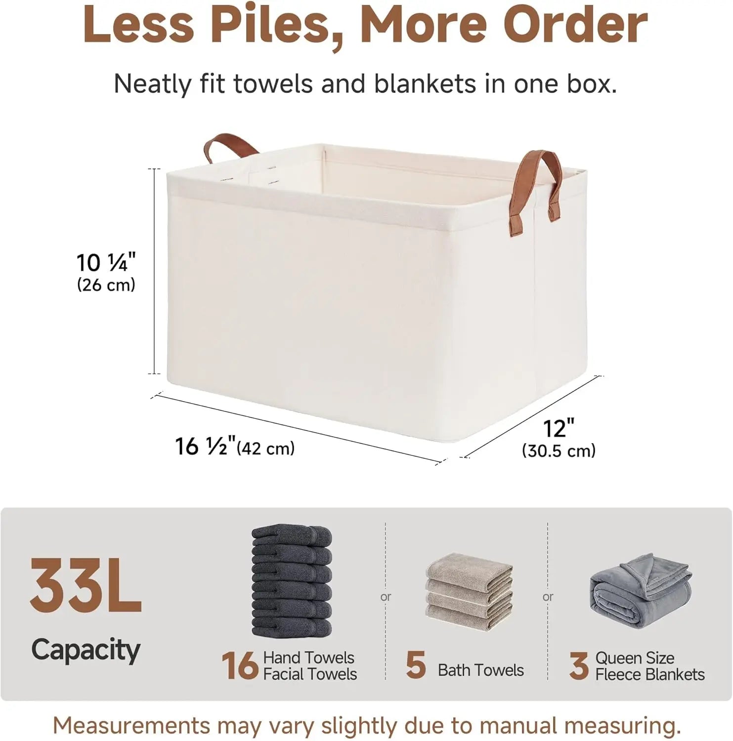 White storage bin with brown handles, dimensions, and capacity details on a white background.