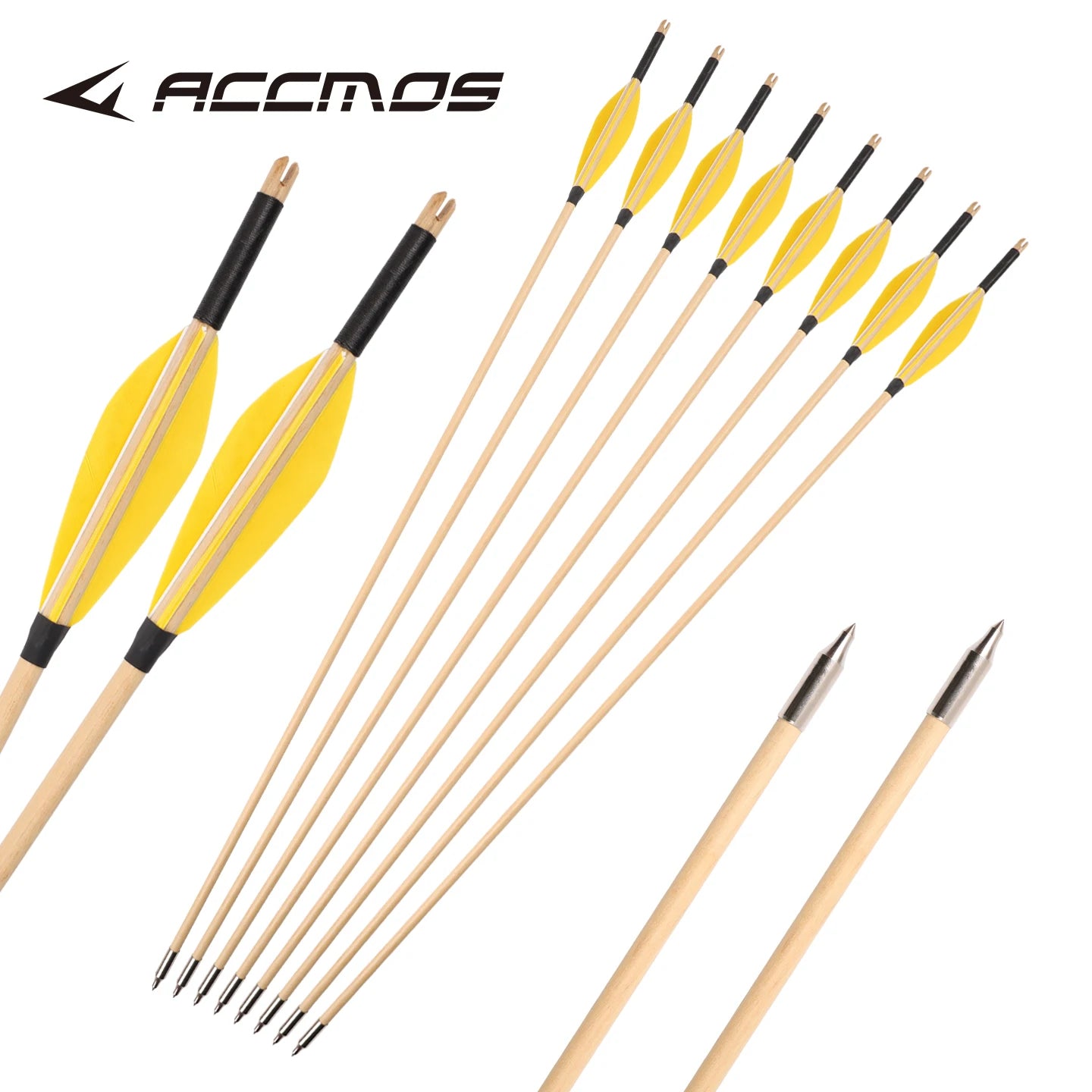 6 12 Wooden Arrows Recurve Bow Yellow Vanes Steel Tips Hunting Target