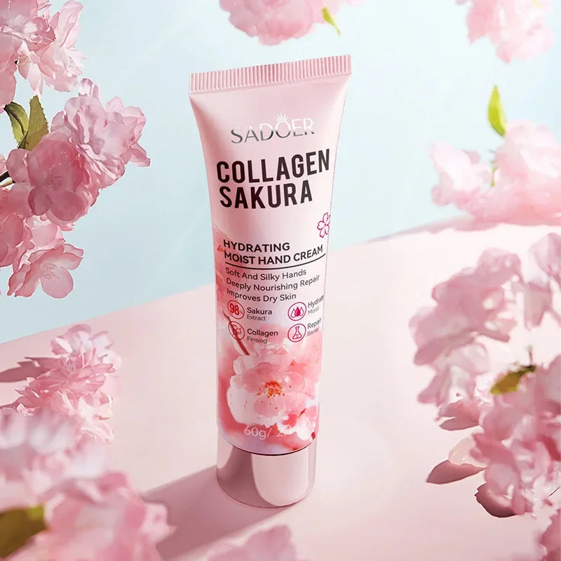 SADOER Sakura Collagen Hand Cream Moisturizing & Nourishing, Brightening Care, Anti-Wrinkle Anti-Crack Cream for Hands 60G Peaceful Pleasures Health and Wellness