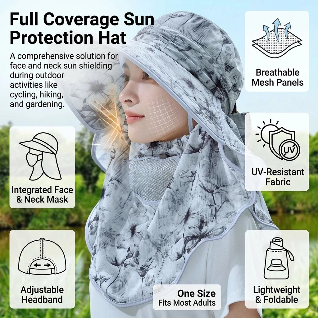 Sun Protections Hat with Face-Mask UV Resistant Wide Brim for Outdoor Cycling Farming Peaceful Pleasures Health and Wellness