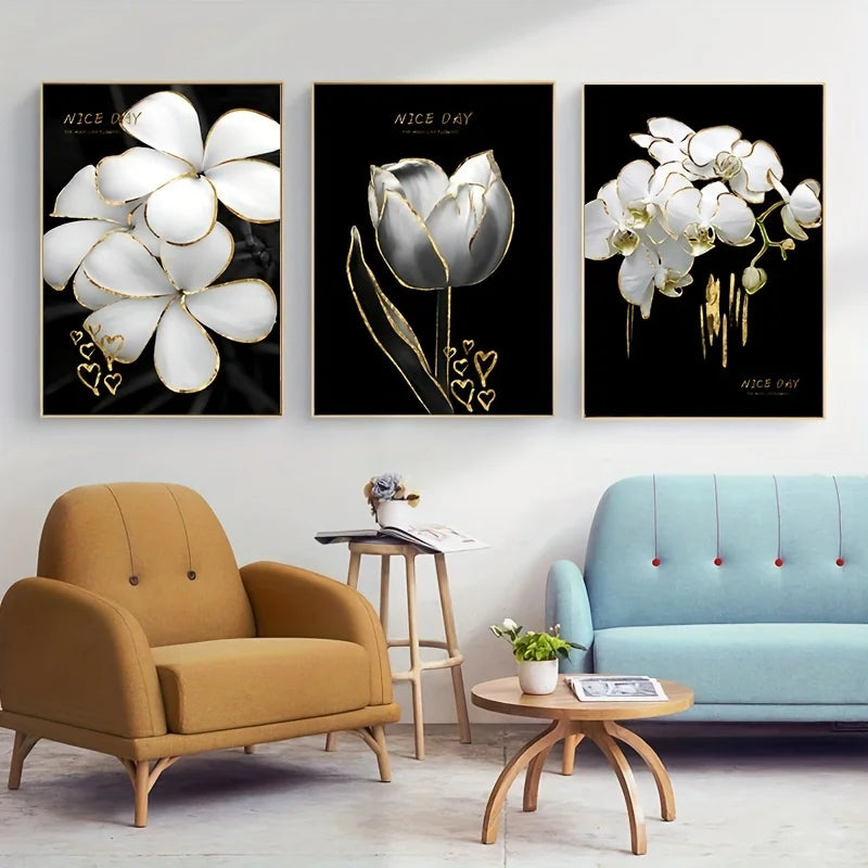 3-Piece White Flowers Canvas Wall Art | Modern Floral Prints Canvas Wall Art Peaceful Pleasures Health and Wellness