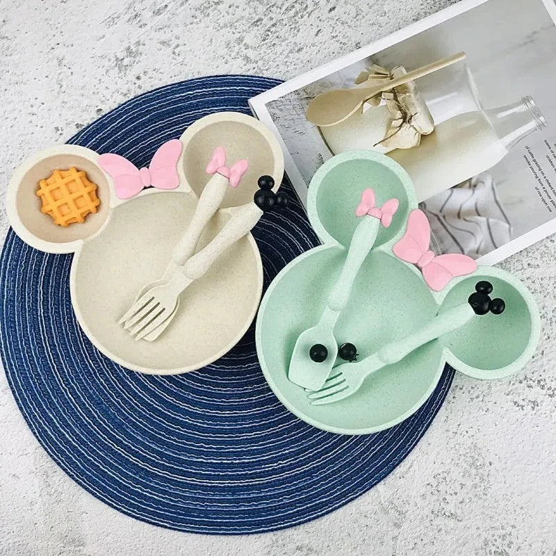 3Pcs Set Lovely Mickey Cartoon Baby Tableware Set Wheat Straw Kids Anti Drop Dinner Plate Bowl Spoon Fork for Baby Girl and Boy Peaceful Pleasures Health and Wellness