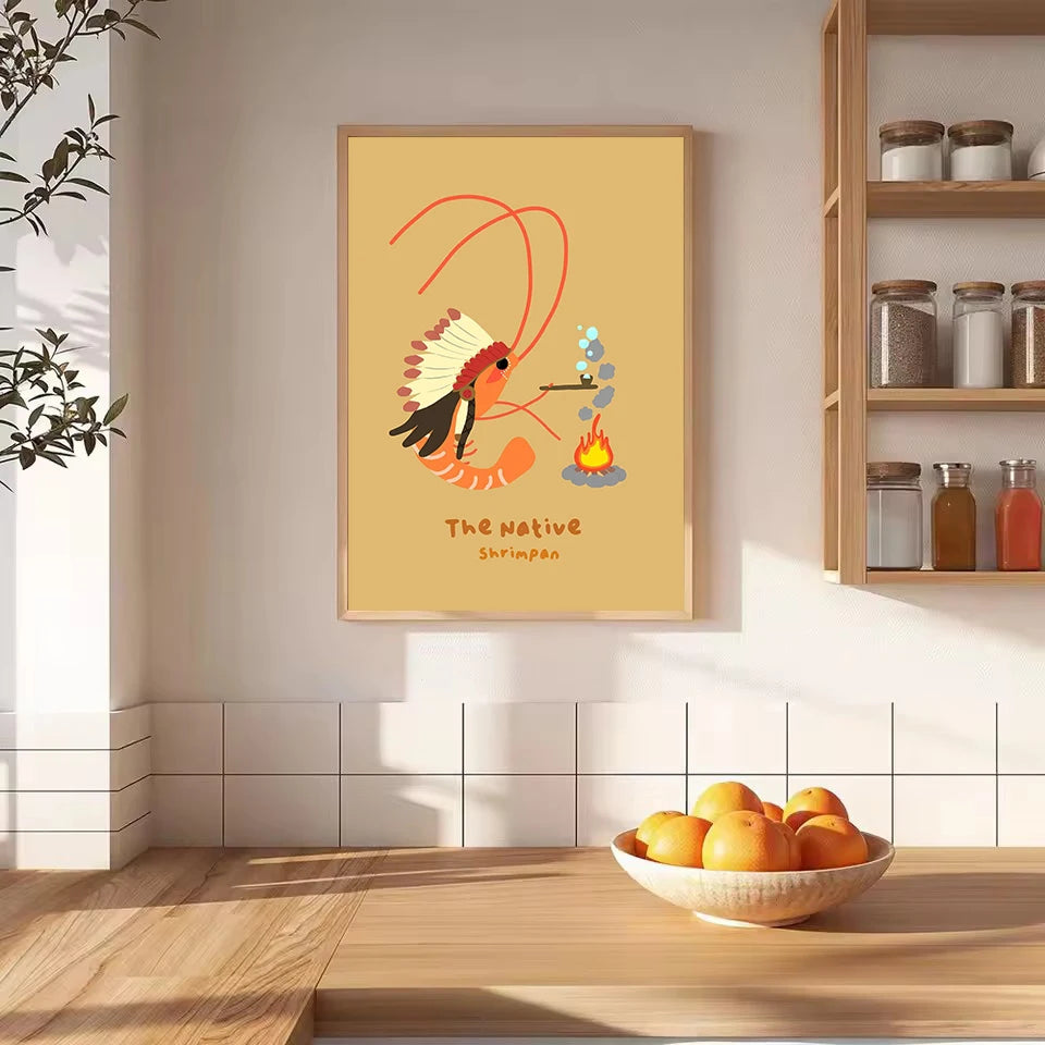 Funny Cowboy Shrimp Cartoon Canvas Wall Art | Kitchen Decor