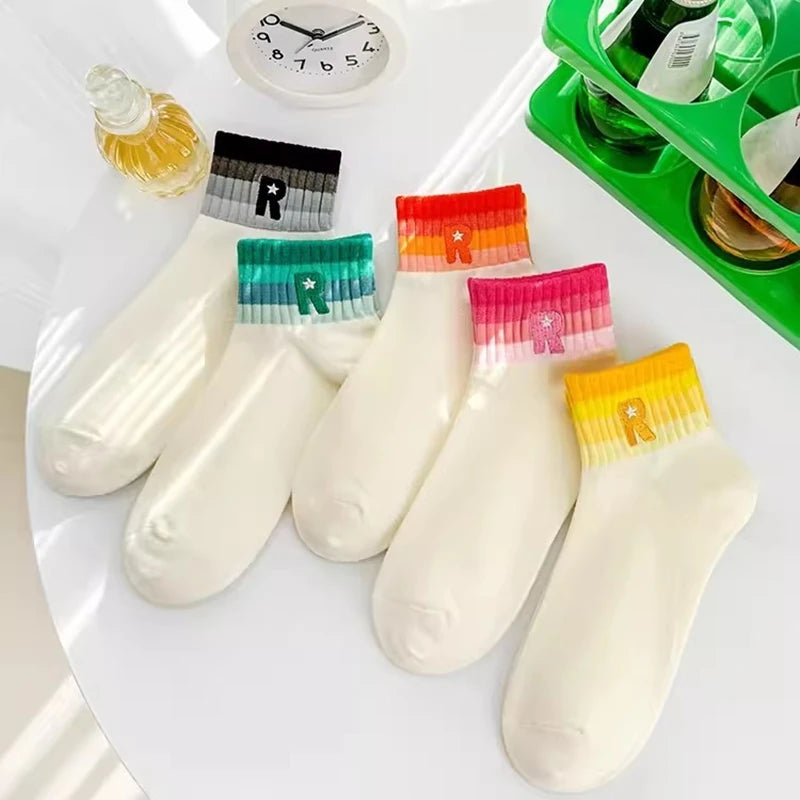 5 Pairs of Women's Rainbow Striped Socks With Embroidered Letters, Fashionable, Comfortable And Breathable Women's Socks Peaceful Pleasures Health and Wellness