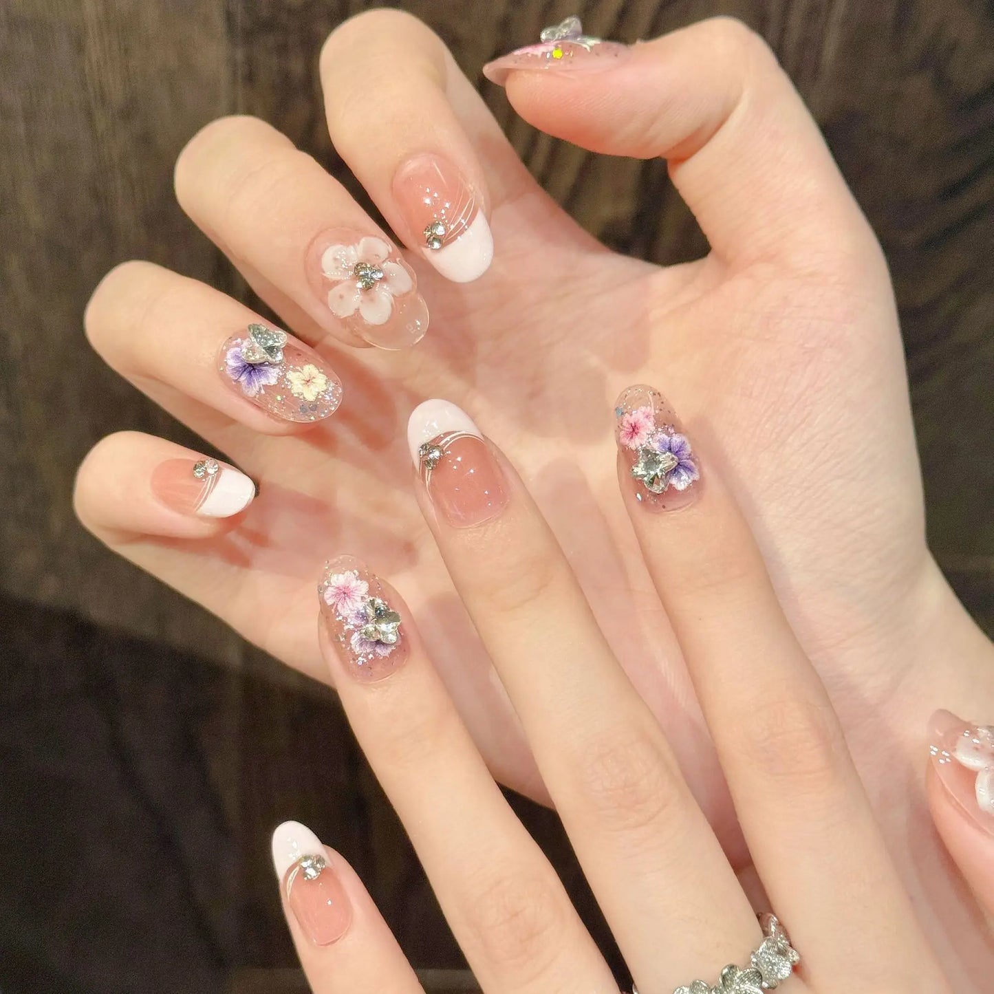 10pcs Handmade Press on Nails Summer Color Flowers Fake Nail Tips Women Wearable Reusable Short Almond Ballet French False Nails Peaceful Pleasures Health and Wellness L 2