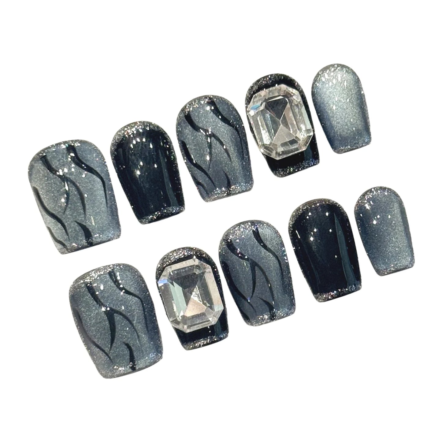 Press On Nails Black Grey Cat's Eye Flame | 10pc Gothic Set