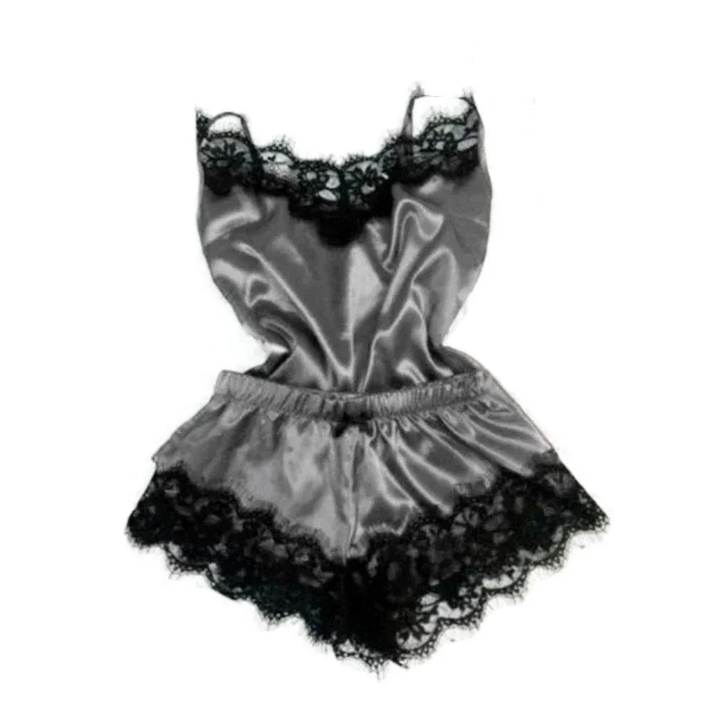 Women's Satin Lace Bowknot Pajama Set – Camisole & Shorts Women's Pajama Set Peaceful Pleasures Health and Wellness Grey One Size