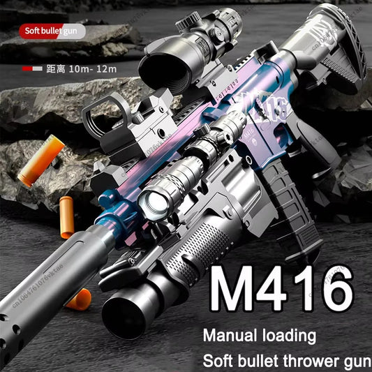 Children's M416 Manual Loading Toy Submachine Gun Assault Rifle Model Fires Soft Bullets Action for Boys Peaceful Pleasures Health and Wellness
