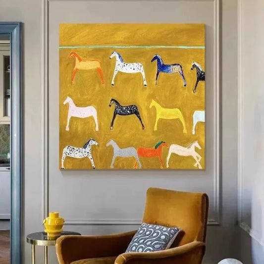 Yellow Horse Painting on Canvas Original White Horse Canvas Wall Art Modern Minimalist Animal Painting for Living Room Bedroom Peaceful Pleasures Health and Wellness