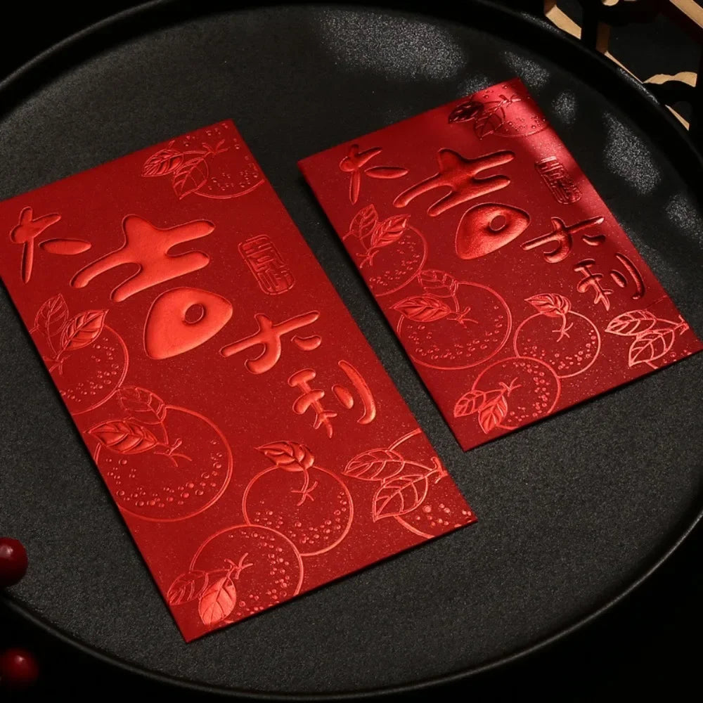 6pcs 3D Chinese New Year Red Envelope Hot Stamping Solid Red Packet Blessings Printing Thickened Lucky Money Bag Wedding Peaceful Pleasures Health and Wellness S-Style G