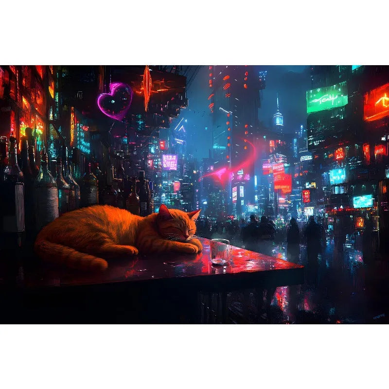 1pc frameless Cyberpunk Night City Landscape Poster Future Neon Lights Bar Design Canvas Wall Art for Living Room Home Decor Peaceful Pleasures Health and Wellness 15 20x30cm Unframed