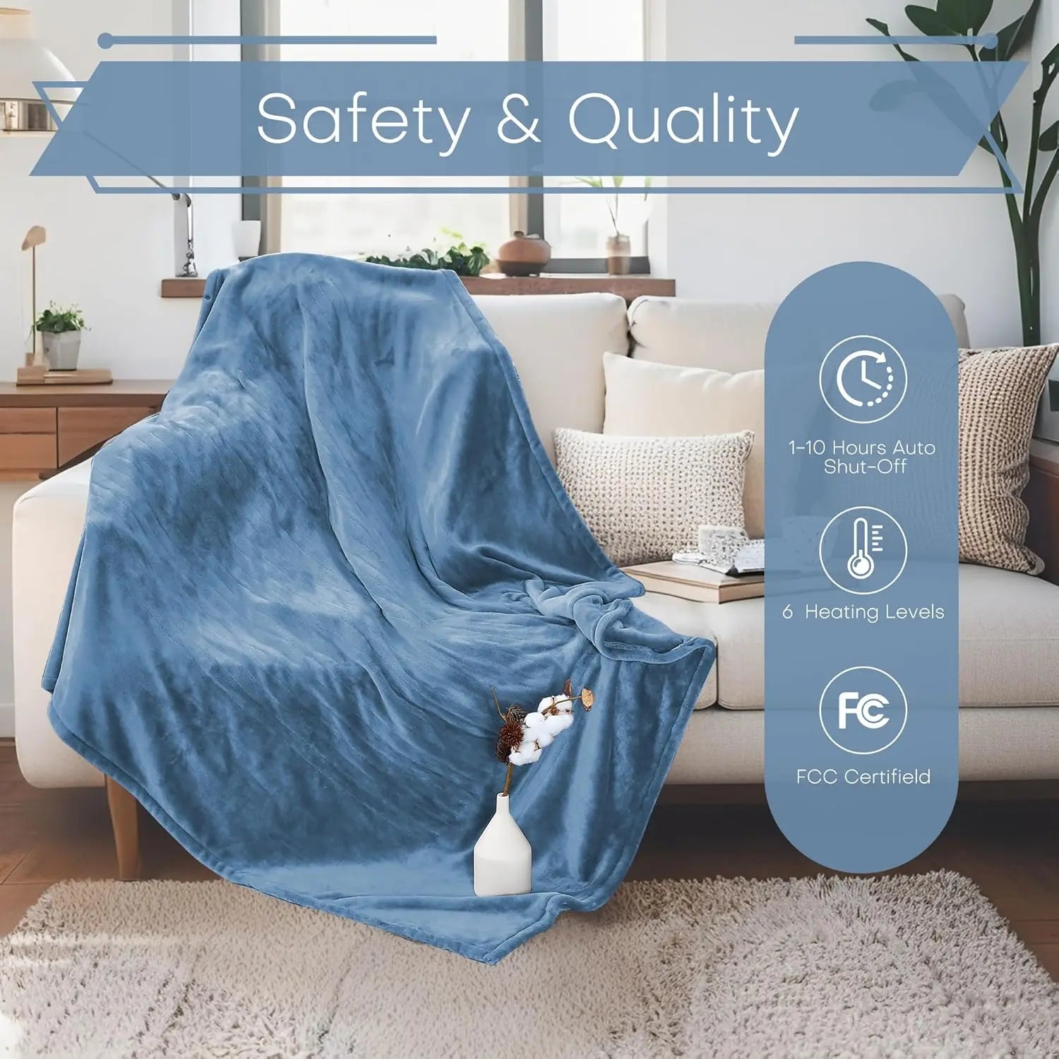 Twin Electric Heated Blanket 62x84" – Microplush & Sherpa, 6 Levels, Slate Blue Peaceful Pleasures Health and Wellness