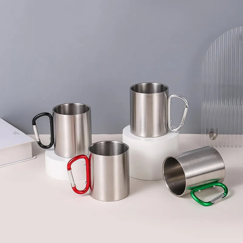Hot 300ml Camping Travel 201 Stainless Steel Cup Carabiner Hook Handle Picnic Water Mug Outdoor Travel Hike Cup Portable Mug Peaceful Pleasures Health and Wellness
