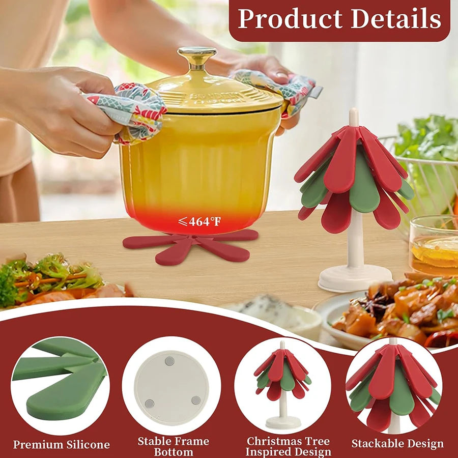 Silicone Trivets for Hot Dishes Office Desk Restaurant Cafe Coaster Decoration Foldable Christmas Tree Shape Table Mat Set of 3