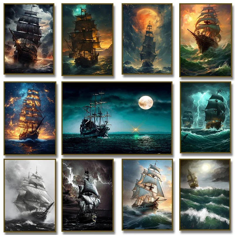 Pirate Ship Sailboat Sailing Ocean Moon Canvas Painting Poster Wall Picture Print for Living Room Home Decor Peaceful Pleasures Health and Wellness