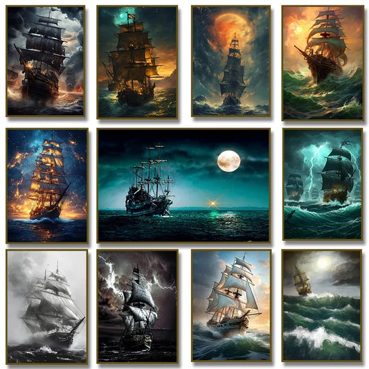 Pirate Ship Sailboat Sailing Ocean Moon Canvas Painting Poster Wall Picture Print for Living Room Home Decor Peaceful Pleasures Health and Wellness