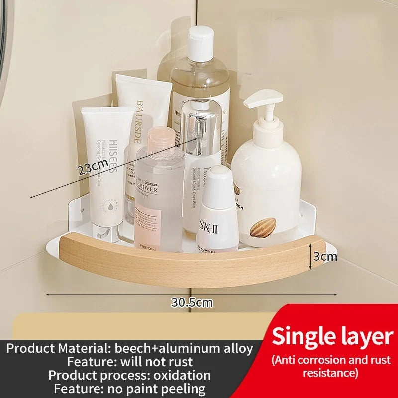 Wood & Aluminum Corner Shower Shelf | Bathroom Wall Organizer