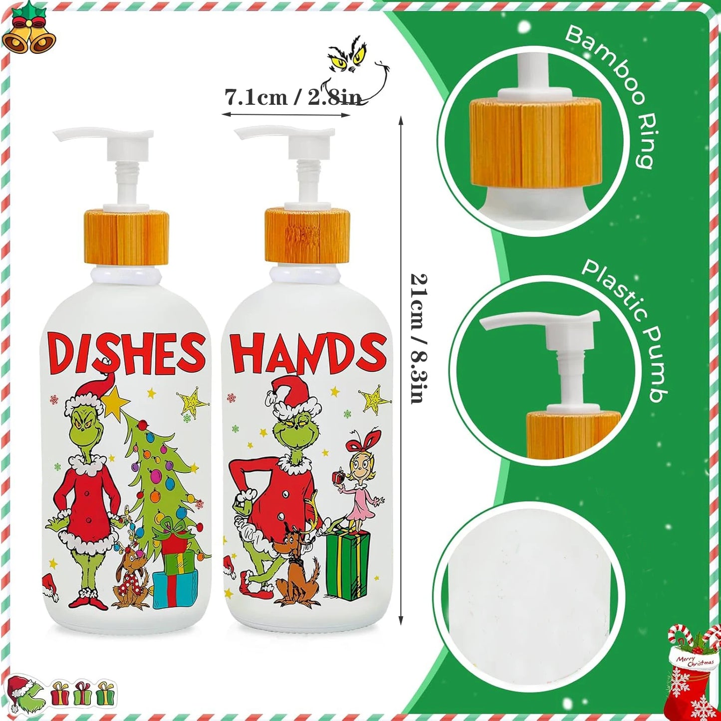 2-Piece Christmas Soap Dispenser Set with Pump & Tray – Refillable Holiday Hand Soap Bottles