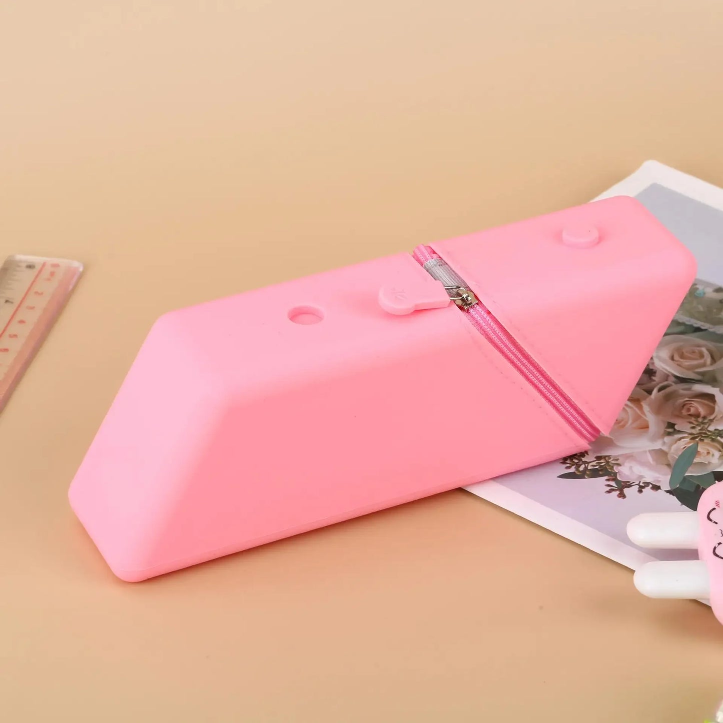 1pcs Silicone Pencil Case Large Capacity Student Pencil Case Gradient Rectangular Stationery Organizer Pencil Case Peaceful Pleasures Health and Wellness Pink
