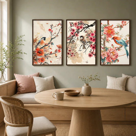 Nordic Bird & Flowers Canvas Wall Art | Chinese Style Print Canvas Wall Art Print Peaceful Pleasures Health and Wellness