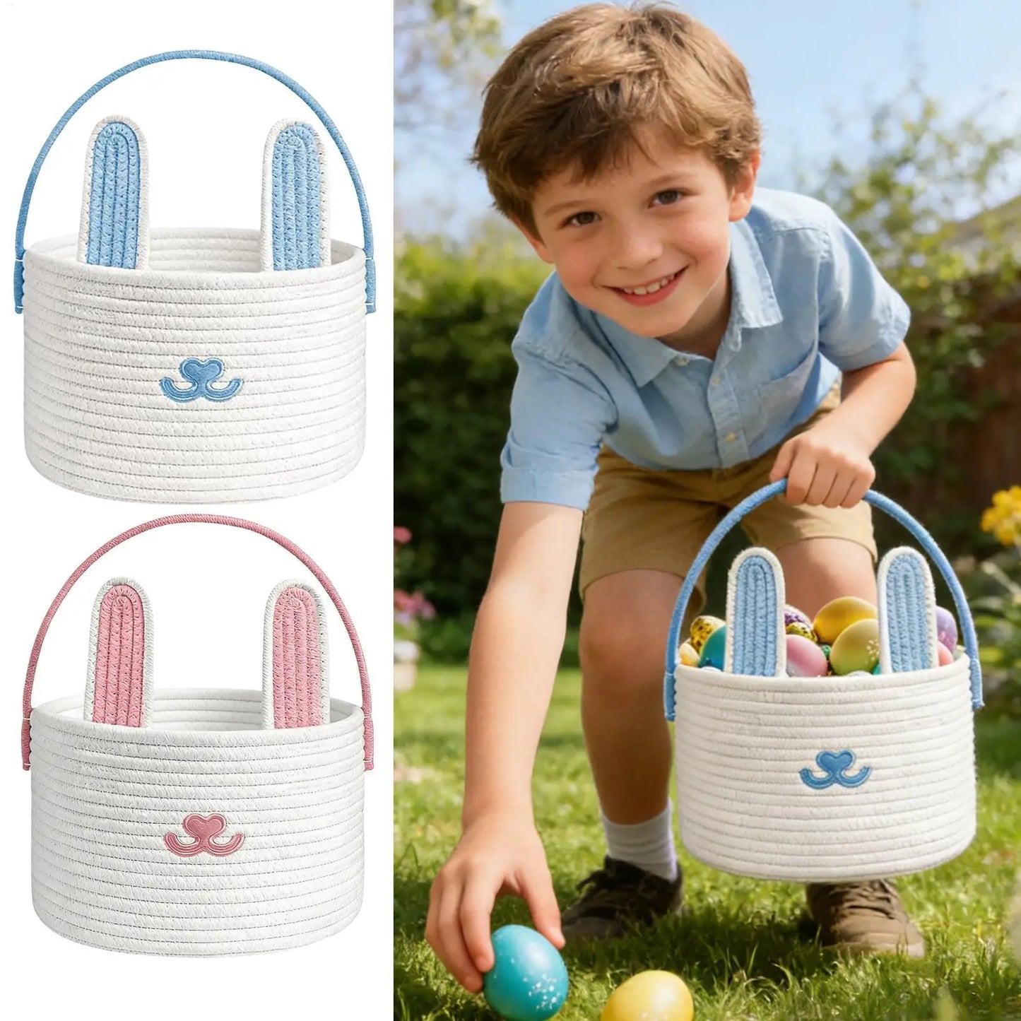 Easter Bunny Basket for Kids – Cotton Rope Egg Hunt Basket
