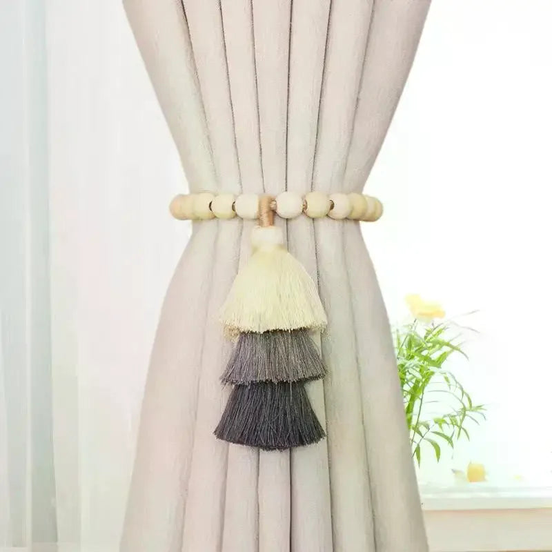 Bohemian Wooden Bead Curtain Tie Backs with Tassel & Magnet – 2Pcs Curtain Tie Backs Peaceful Pleasures Health and Wellness