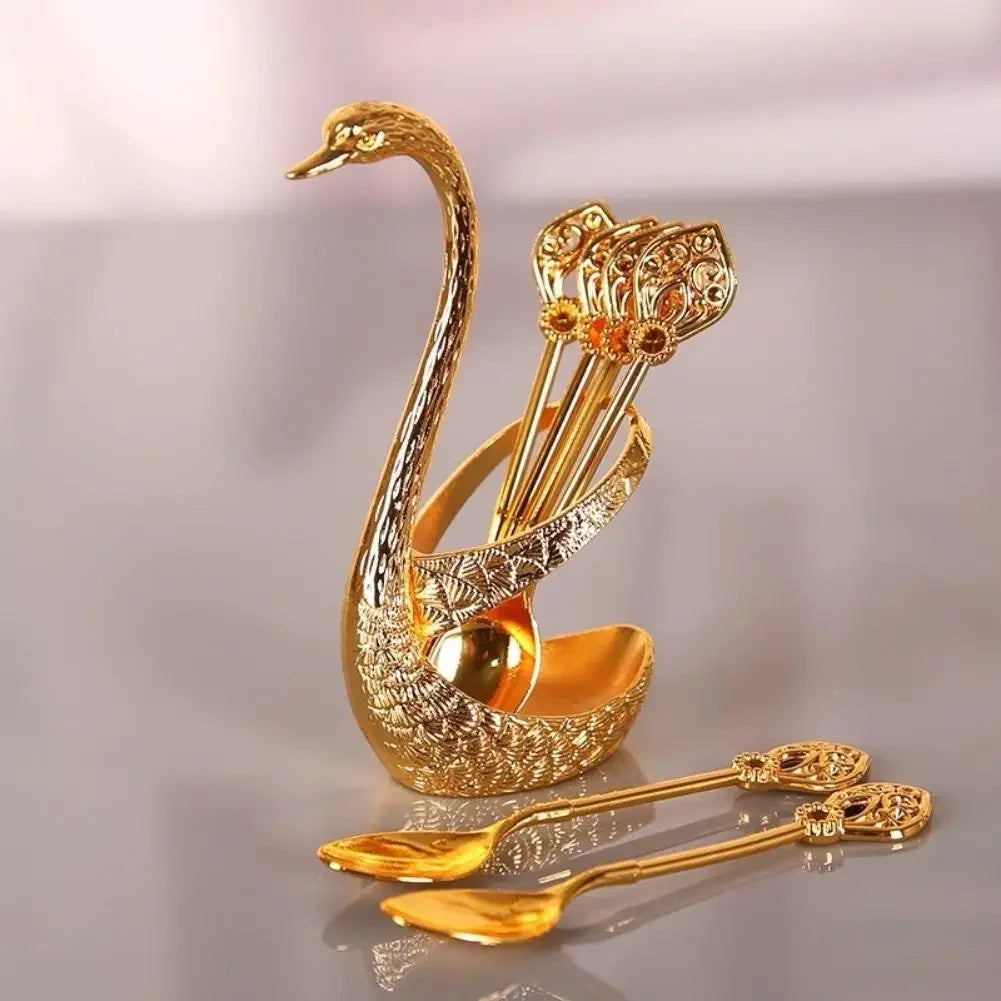 Stainless Steel Creative Dinnerware Set Decorative Swan Base Holder With 6 Spoons For Coffee Tea Cake Dessert Kitchen Supplies Peaceful Pleasures Health and Wellness