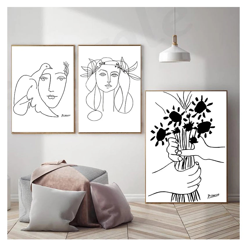 Minimalist Picasso Line Drawing Canvas Print – Woman & Bouquet