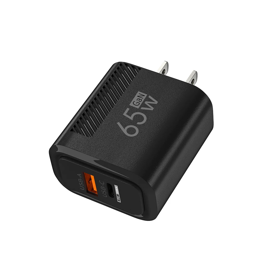 65W GaN Fast Charger PD QC3.0 Dual Port USB Wall Adapter EU US Plug Compatible with iPhone Samsung Xiaomi Tablets Travel Charger Peaceful Pleasures Health and Wellness US Black