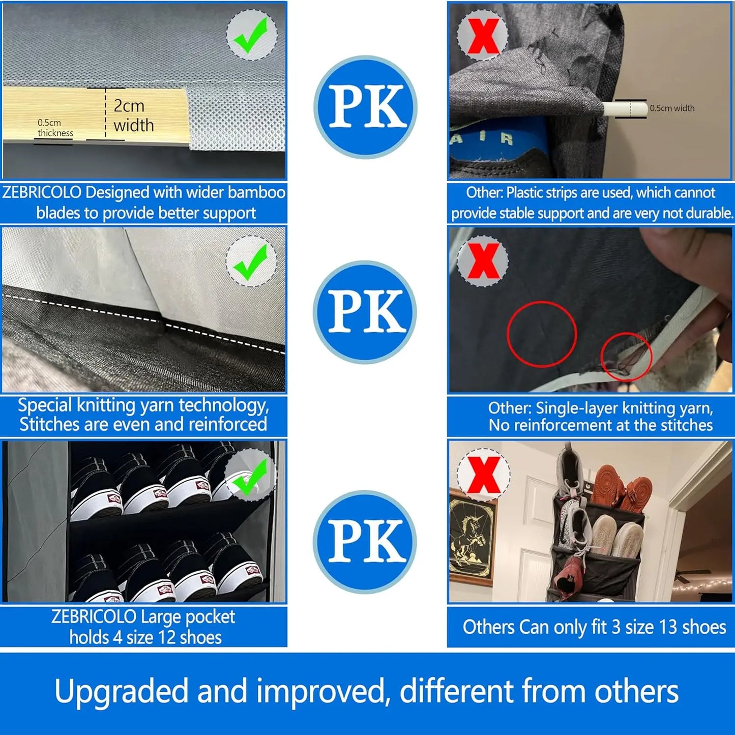 Comparison chart of ZEBRICOLO shoe storage solution with other brands, highlighting features and improvements.