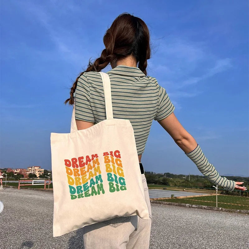 White Retro Canvas Tote Bag – Large Reusable Aesthetic Bag