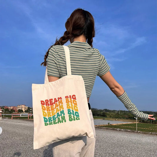 White Retro Canvas Tote Bag – Large Reusable Aesthetic Bag Canvas Tote Bag Peaceful Pleasures Health and Wellness Dream Big 34x42CM